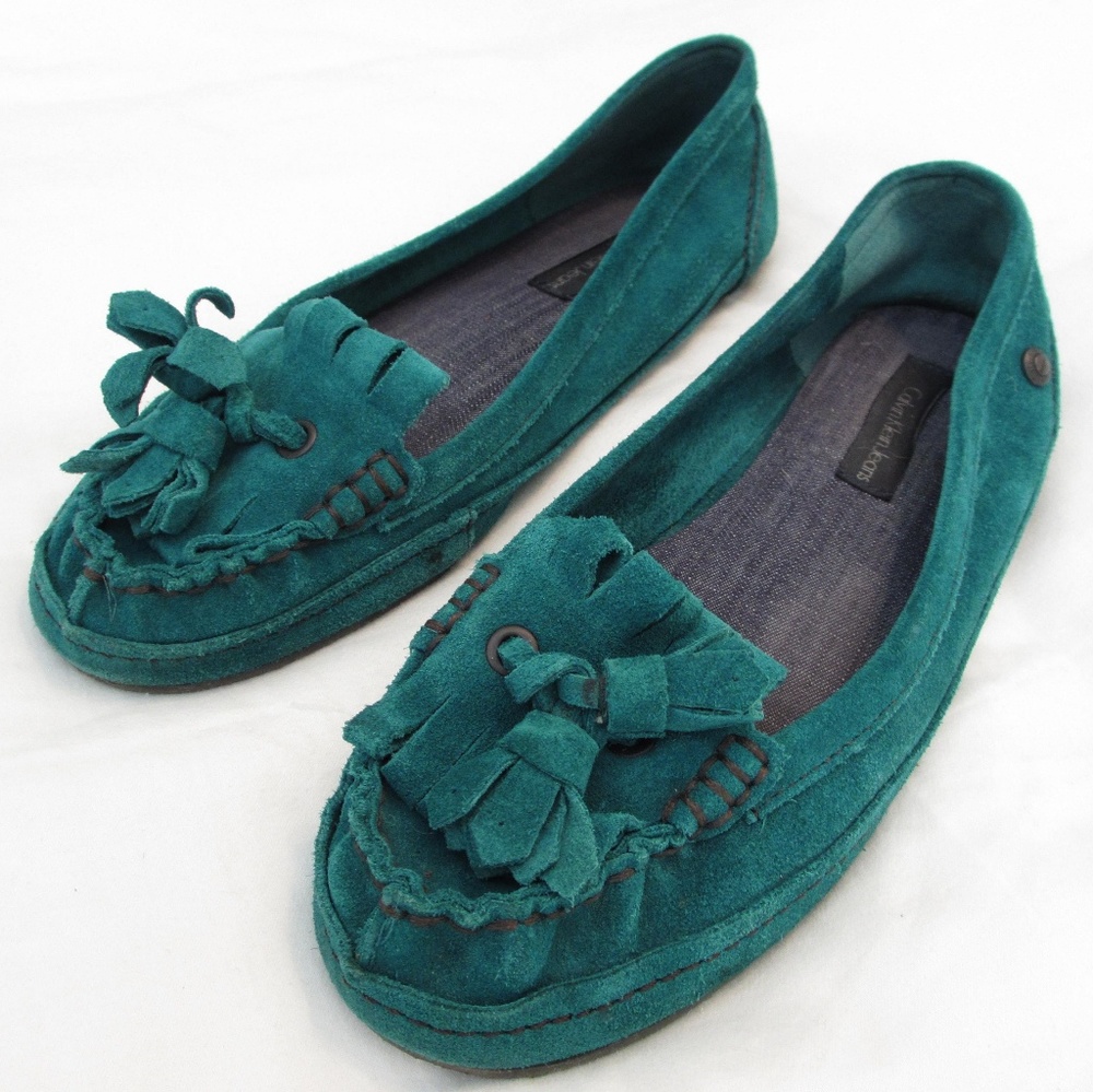 Teal Tasseled Suede Moccasins